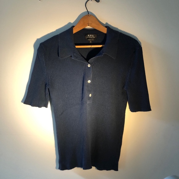 A.P.C. Deep Blue Ribbed Polo - Picture 1 of 4